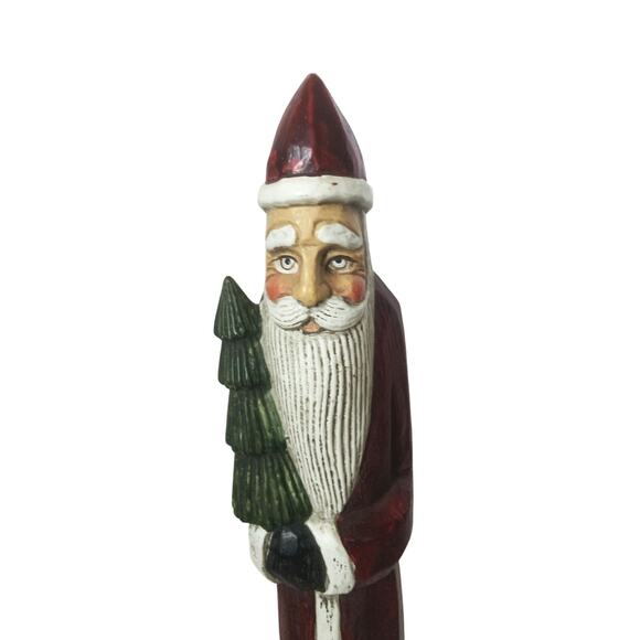 Vintage Santa Claus Tall Thin Blow Mold Ornament Red Figurine w/Tree Plastic 14" - Picture 2 of 6